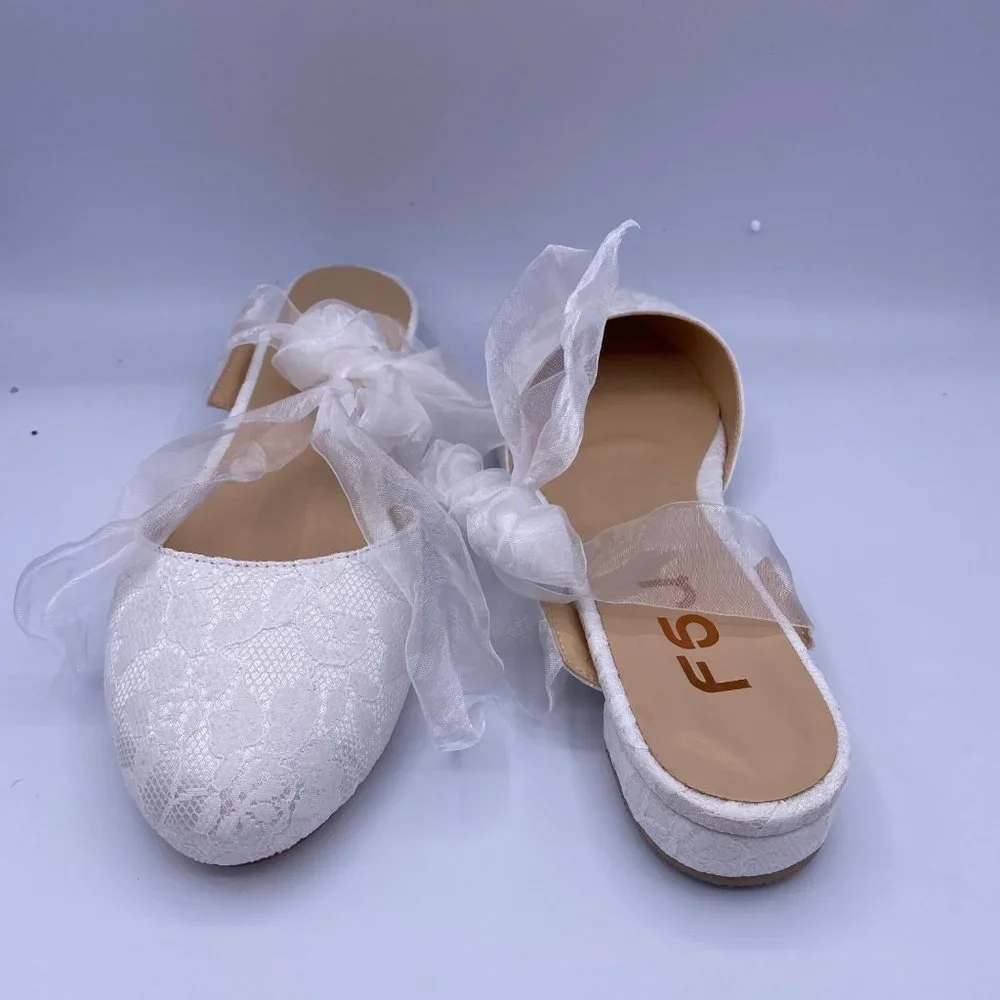 FSJ White Round Toe Low Heels Flat Lace Up Wedding - Picture 5 of 8